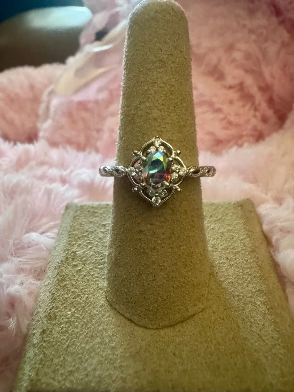 Moissanite Silver Ring with Mystic Oval Stone and Clear Accents - Women Jewelry